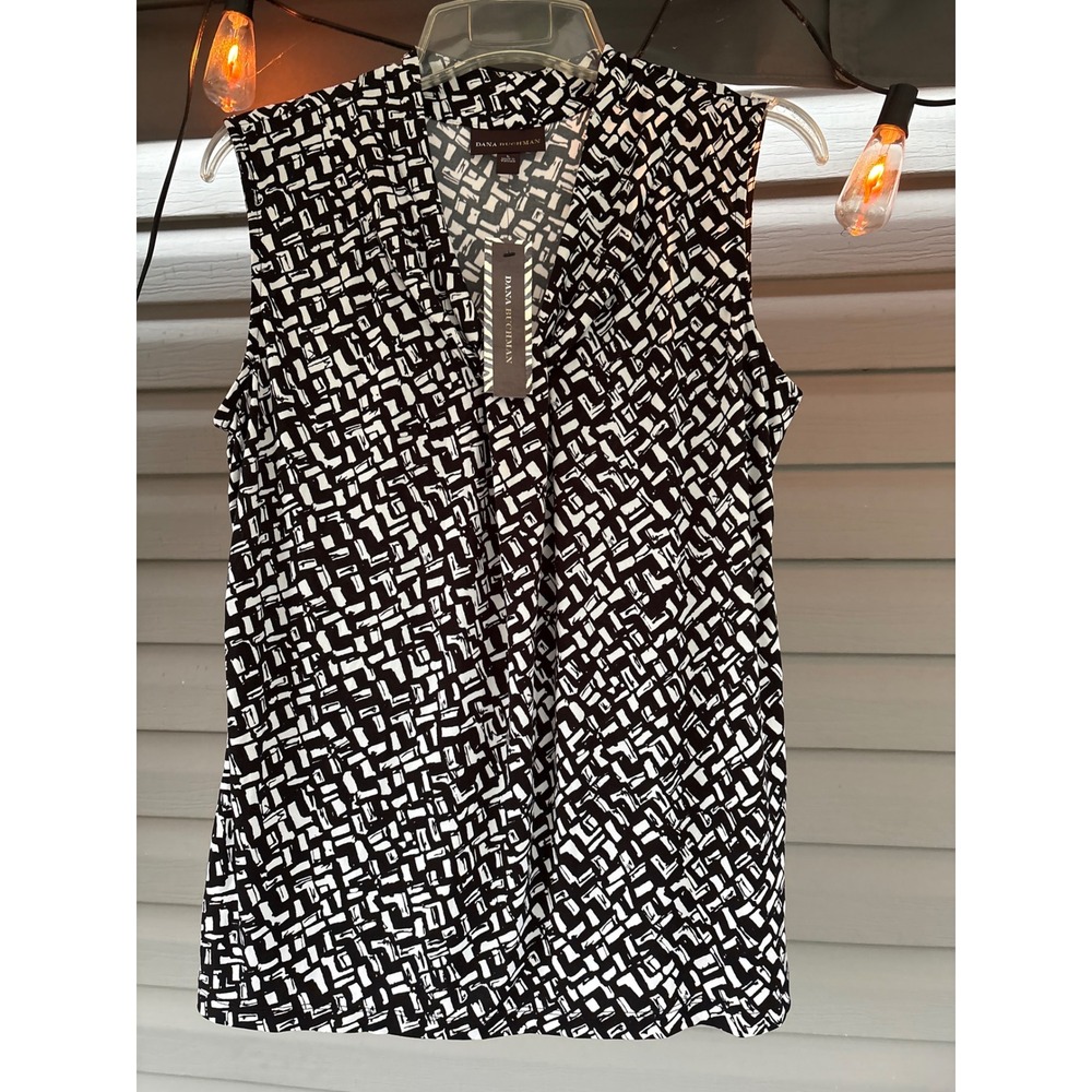Dana Buchman Womens Optic Geo Sleeveless Draped V-Neck Blouse Black White L NWT